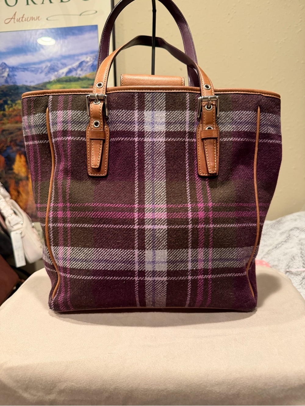 Vintage Coach Hampton Tartan Wool Tote Bag & Wristlet Set Purple Plaid EUC - Picture 5 of 16